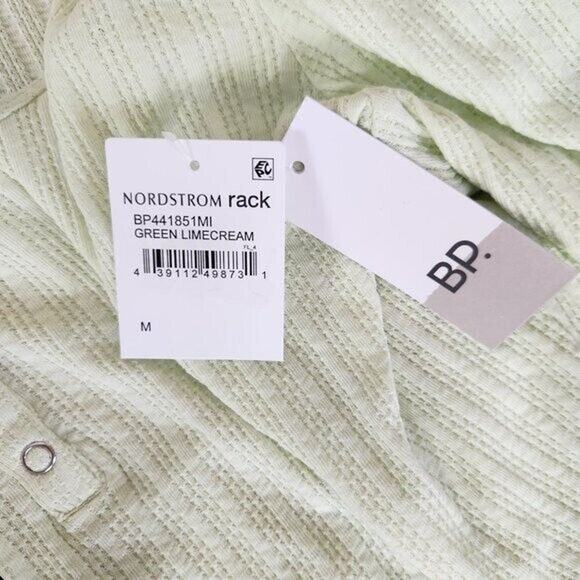 NWT BP. Womens Medium Green Limecream Cropped Long Sleeve ButtonUp Henley Ruffle - Picture 10 of 12